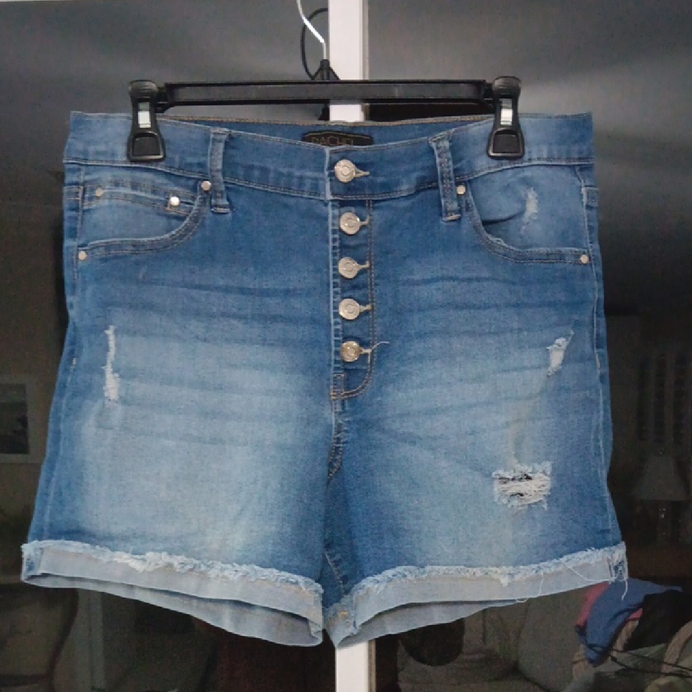 Rachel Rachel Roy Distressed Blue Jean Shorts with High Waist & Cuffed Hem 12/31